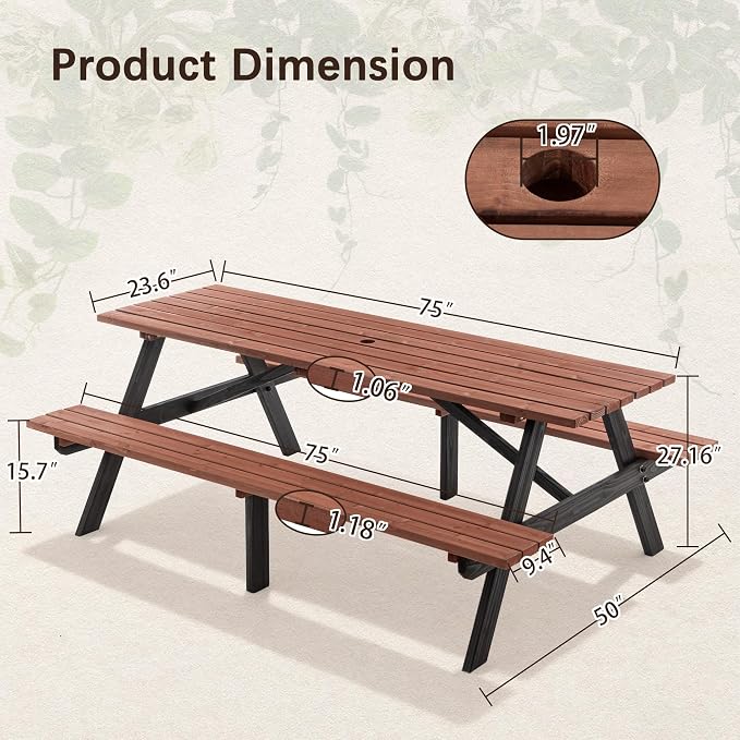 KEIKI 75" Solid Wood Picnic Table Set with Benches, Heavy-Duty Outdoor Dining Table for 6–8 People, Patio Table with Umbrella Hole, Rustic Brown for Backyard, Lawn, 2220lb Capacity, Brown/Black