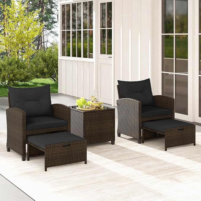COSTWAY 5-Piece Rattan Conversation Set, Outdoor Wicker Sofa, Tempered Glass Coffee Table & Ottomans for Small Space, Boho Chic Indoor/Outdoor Furniture Set for Poolside, Backyard, Deck (Black)