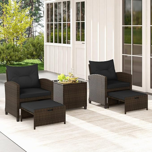 COSTWAY 5-Piece Rattan Conversation Set, Outdoor Wicker Sofa, Tempered Glass Coffee Table & Ottomans for Small Space, Boho Chic Indoor/Outdoor Furniture Set for Poolside, Backyard, Deck (Black)