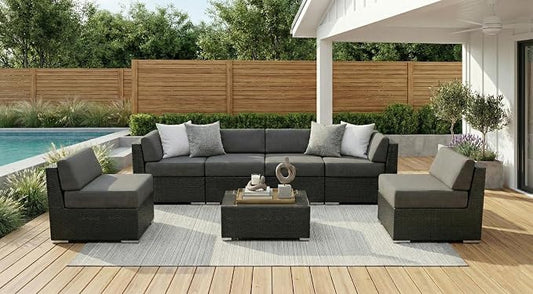Fully Assembled 7 Piece Outdoor Patio Furniture with Sunbrella Taupe 6-inch All-Weather Rainshield Cushions and Oversized Seats