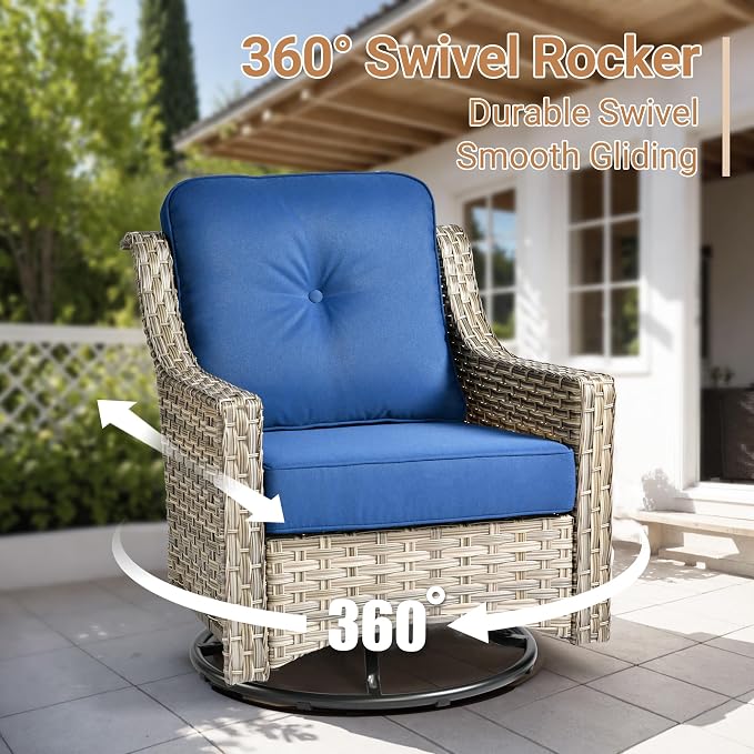 HOOOWOOO Outdoor Patio Furniture Set,8 Pieces Wicker Out Door Sectional Furniture L Shaped Couch,Patio Conversation Sets with Swivel Rocking Chair LED Table,Navy Blue
