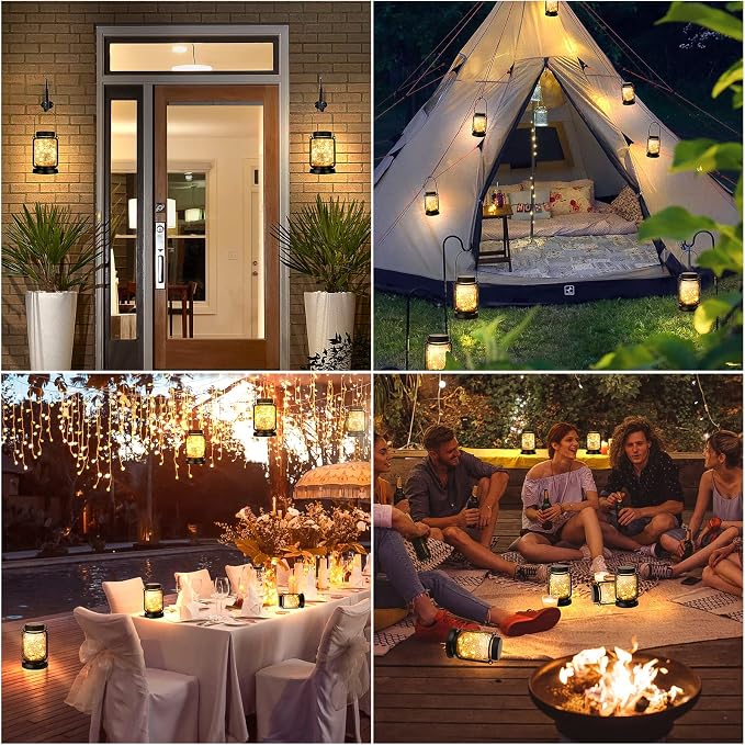 4 Pack Solar Mason Jar Hanging Lantern with Stakes, Warm White | Solar Fairy String Lights, Vintage Glass Lamp, Waterproof, Bright, for Indoor Outdoor Halloween Garden Patio Pathway Yard