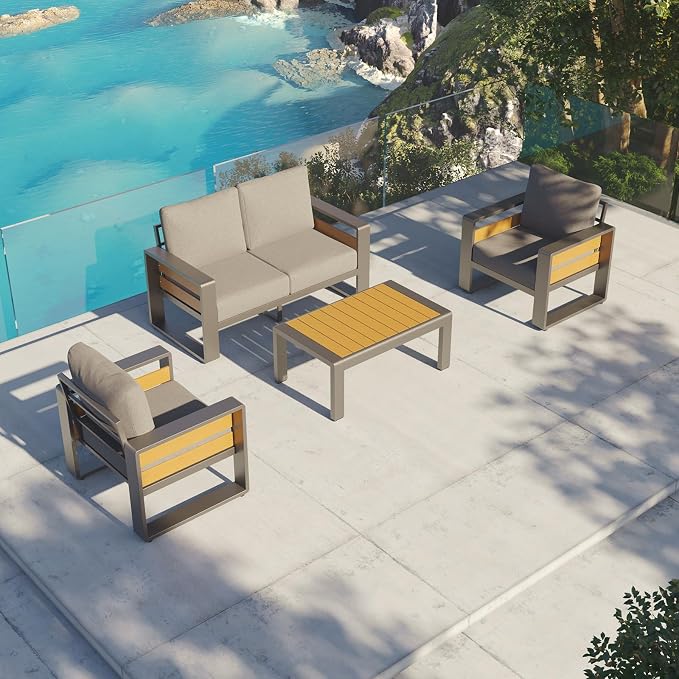Aoxun Aluminum Patio Furniture Set, 4 Seats Sectional Metal Patio Furniture with Coffee Table and Thick Cushions, Modern Outside Sectional Set for Backyard/Garden/Poolside, Dark Grey