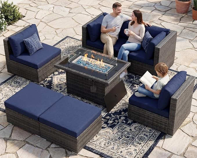 BULEXYARD 7 Piece High Back Outdoor Sectional Set with Fire Pit Table, Wicker Patio Furniture Set Weather-Resistant, Modular 6-Person Couch Sofa Comfortable Wide Deep Seats for Deck, Grey & Navy Blue