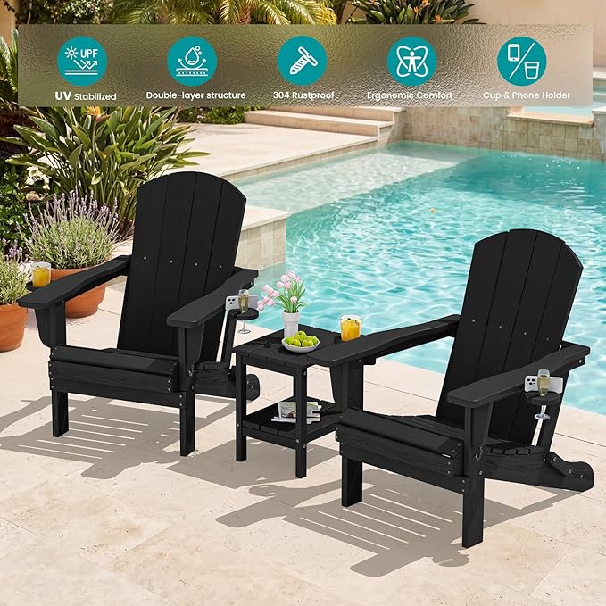 SERWALL Folding Adirondack Chairs with Dual Cup Holder, HDPE Adirondack Chairs Set of 4, Plastic Outdoor Chairs,Black