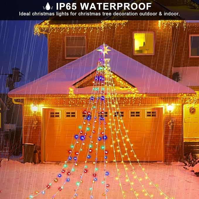 Christmas Decorations, Outdoor Christmas Lights, 320 LED Outdoor Christmas Tree String Lights with 12" Star Toppers [8 Modes& Waterproof] for Xmas New Year Holiday Decor (Dipper Warm+Multi)