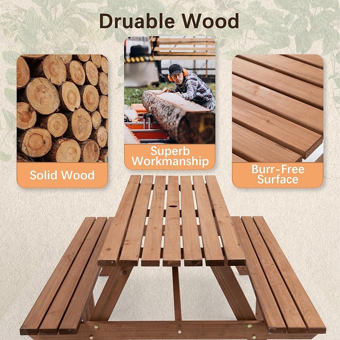 Hohuqeri Picnic Table Bench Set for 8 Persons, 6FT Large Camping Table, Wood Outdoor Dining Beer Table Set with 2” Umbrella Hole for Patio Lawn Garden (Brown)