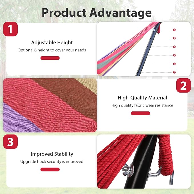 Camping Hammock with Stand - Heavy Duty 400lb Portable Outdoor Double Hammock Set with Carry Bag, Space Saving No Trees Needed 2 Person Hammock for Backyard, Beach, Deck (Red)