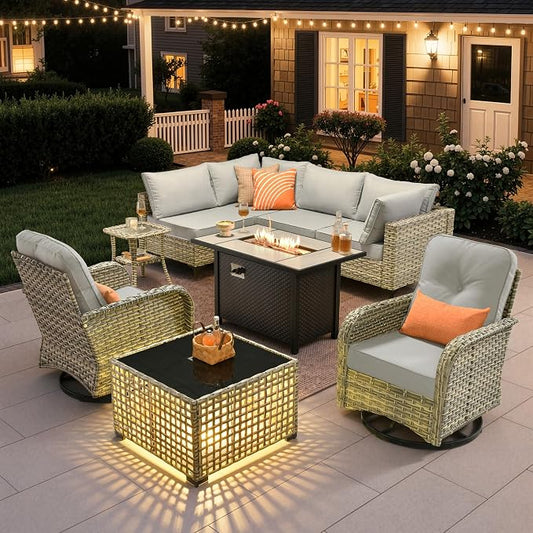 9 Pieces Outdoor Sectional Patio Furniture Set with 42" Fire Pit,Conversation Sets Rattan Wicker L Shaped Couch Swivel Rocking Chairs,Modular Outdoor Sofa for Porch Balcony Backyard Grey