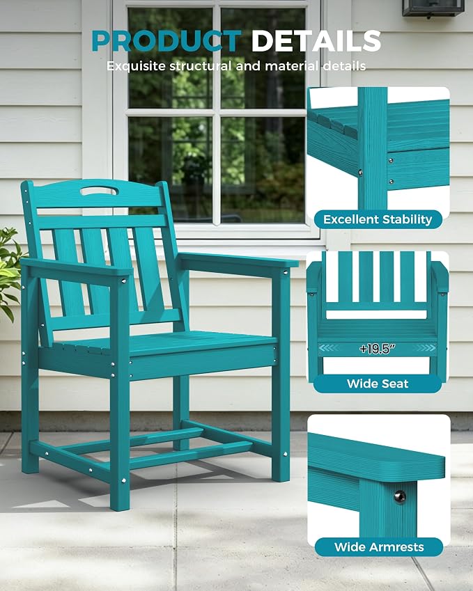 Ciokea HDPE Outdoor Patio Dining Chairs Set of 2, All-Weather Porch Chair with Wide Seat, Durable Outdoor Furniture for Backyard, Garden, Lawn & Poolside, Lake Blue