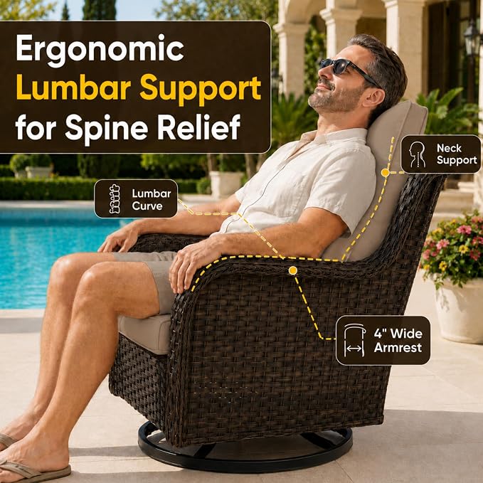 HUMMUH 3-Piece Swivel Rocking Rattan Chair Outdoor, Patio Bistro Furniture Conversation Set,Cushioned Wicker Chair with Glass Coffee Table(Brown, Grey)