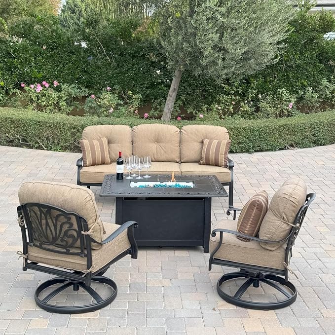 4-Piece Swivel Seating Set with Fire Pit Table in Antique Bronze/Sesame by Darlee