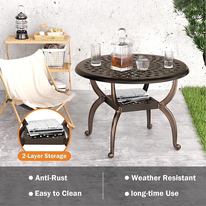 21" Patio Bistro Table, Cast Aluminum Side Table, Outdoor End Table for Garden/Yard/Pool/Porch, Bronze