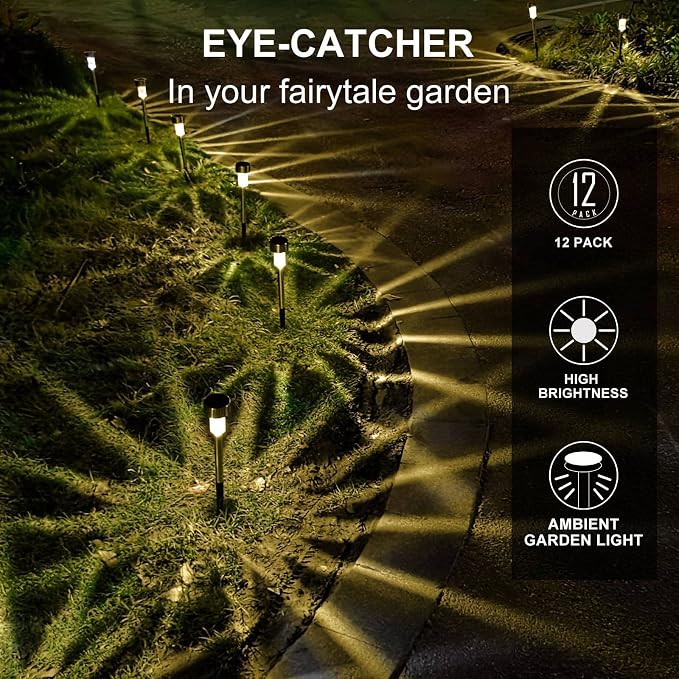 Solar Lights Outdoor Waterproof, Solar Garden Lights, Warm White, 12Pack | Outdoor Solar Lights Stainless Steel LED Landscape Lighting Decorations for Yard Pathway Patio Lawn