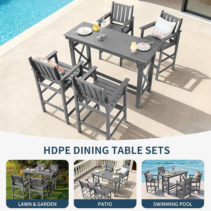 5-Piece Outdoor Bar Table and Chairs Set, HDPE Counter Height Patio Dining Table with 4 Adirondack Bar Chairs, Adirondack Bar Height Chairs and Bar Table for Bistro, Poolside, Backyard, Grey