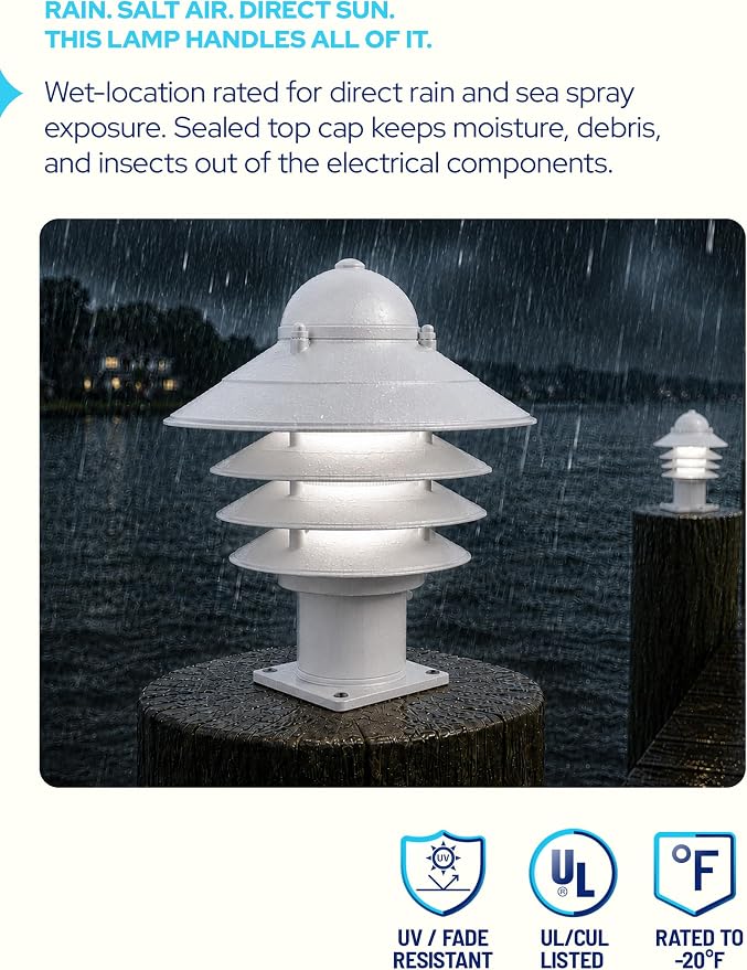 Nautical Pier Mount Outdoor Lighting - Salt-Air Tough Rust-Proof Non-Metallic Coastal Lamps - UL Listed Dock Lights - Patio Fence Deck Porch Lights Outdoor - USA Made, Short, Basic, White