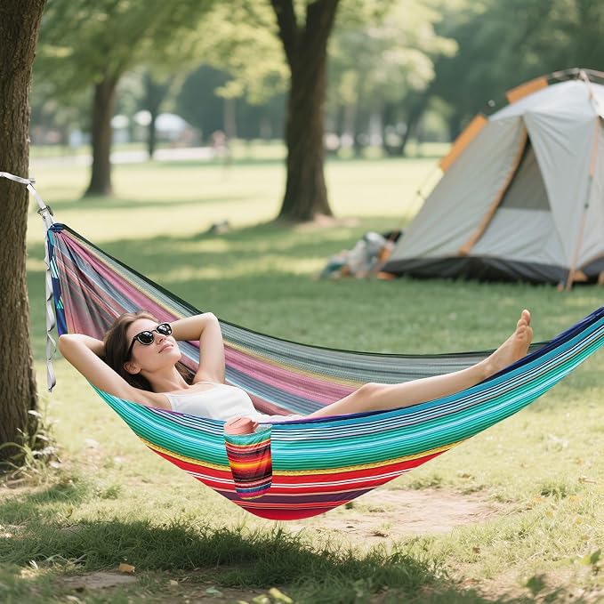 Mexican Serape Blanket Stripes Camping Hammock, Portable Lightweight Single Hammock with Tree Straps and Aluminum Carabiners, 114" x 54" Travel Hammock for Hiking Backpacking Beach