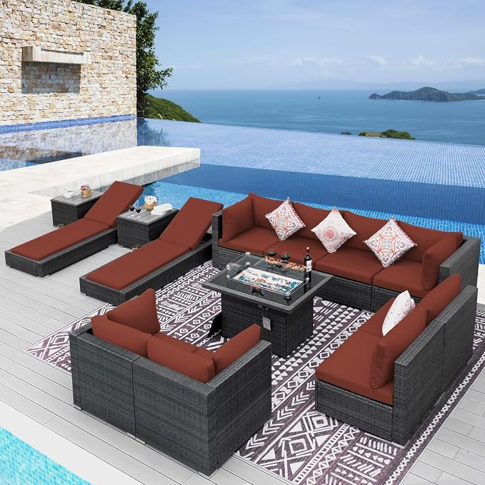 NICESOUL 13 Piece Outdoor Seating with Fire Pit Table, High-End Wicker Patio Furniture Set with Chaise Lounge, Comfy 29.3'' High Back Deep Sectional Sofa, All-Weather Backyard Sitting, Grey & Red