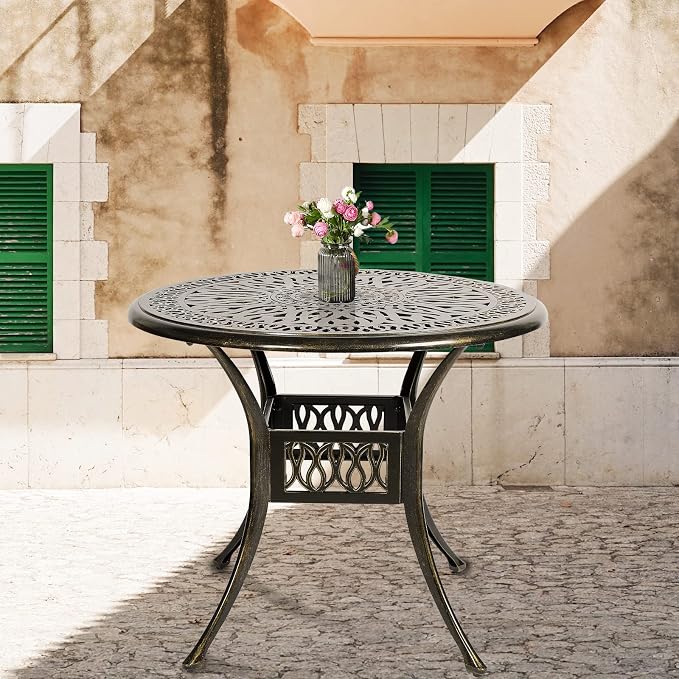 35.4 Inch Outdoor Dining Table Round Patio Table Bronze Cast Aluminum Rustic Large Table with Umbrella Hole