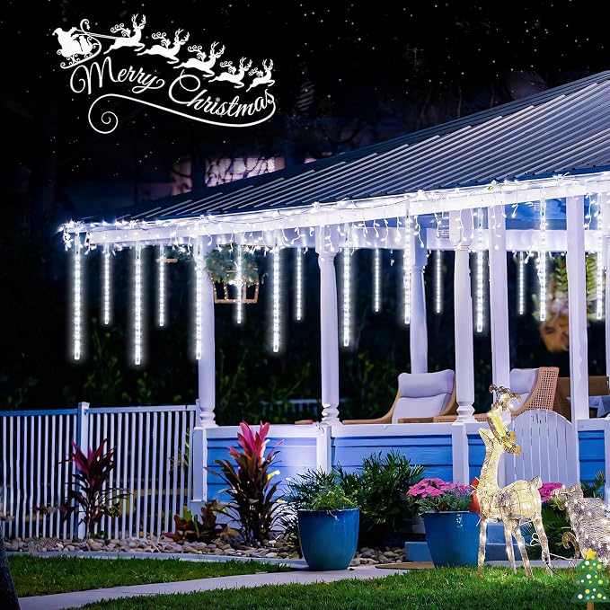JMEXSUSS 2 Pack Solar Christmas Meteor Shower Lights, 16 Tube 288 LED | White Solar Christmas String Lights Outdoor Waterproof for Tree Patio Garden Wedding Party Decorations