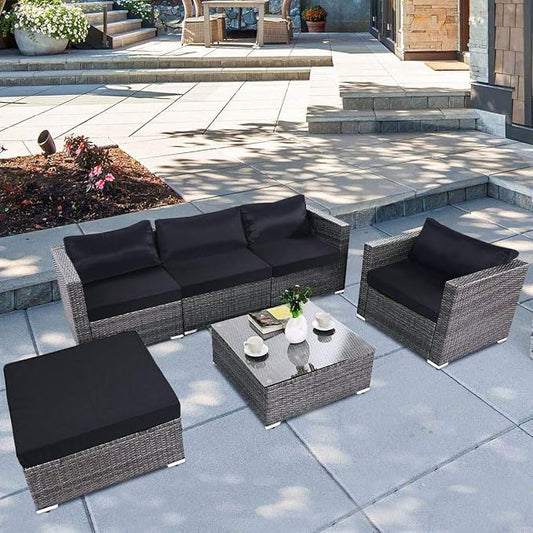 Tangkula 6PC Patio Furniture Set Outdoor Garden Backyard Poolside All Weather PE Rattan Wicker Steel Frame Sectional Cushioned Seat Sofa Conversation Set (Grey)