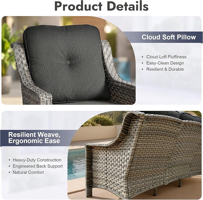 6 PCS Patio Furniture Set, Deep Seat High Back Outdoor Conversation Set with Ottomans, Wicker Outside Furniture with Solar Light Coffee Table for Porch Backyard Balcony, Sunroom, Black