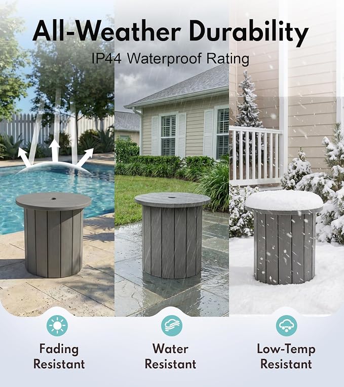 PASAMIC 2-in-1 Patio Table Umbrella & Outdoor Side Table, Large Round Small Outdoor Table with Umbrella Hole, Fits 1.5-1.9in Pole, 5Gal Water Bag Base, HDPE for Poolside, Deck, Garden Use, Gray