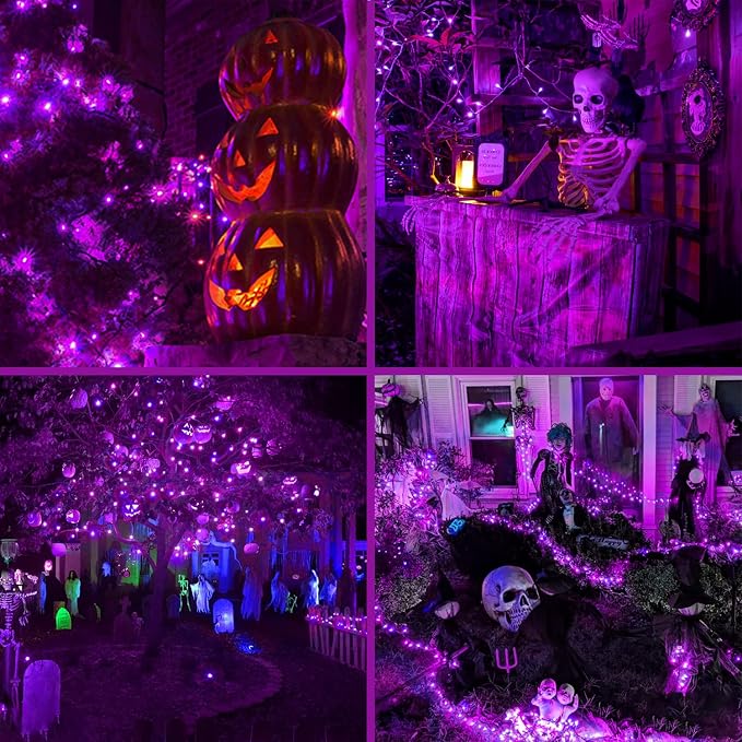 Halloween Purple String Lights Outdoor 33Ft 100LED Battery Operated Fairy Lights with Waterproof Remote Timer for Hanging Garden Party Holiday Decor