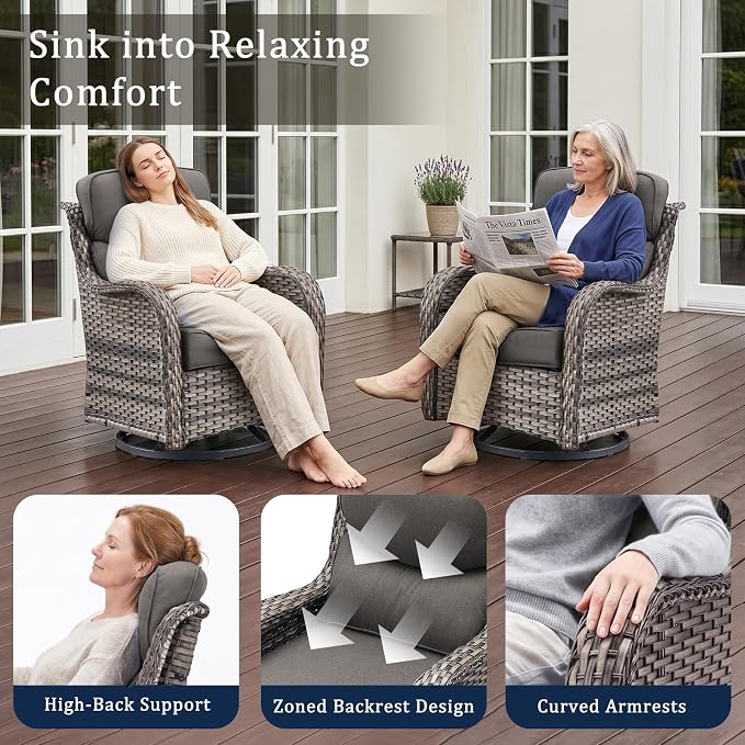 Luxury 7 Piece Wicker Patio Furniture Set with Swivel Rocker and 30“Fire Pit Table - Grey