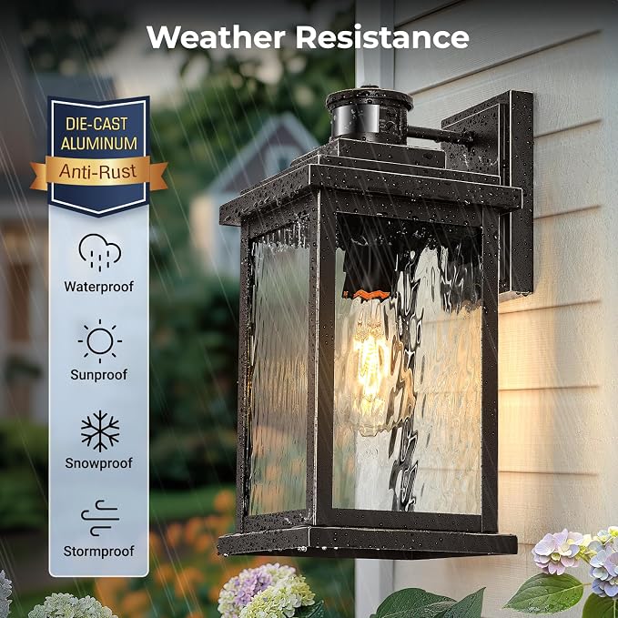 VIANIS Advanced Motion Sensor Light Outdoor, Large Bronze Exterior Lighting Fixtures, Easy-to-Install, Aluminum Waterproof Porch Lights Outdoor with Water Glass for Porch, Garden, Front Door