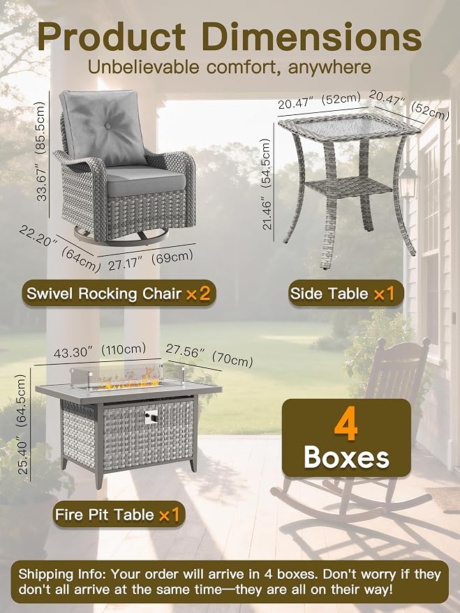 7-Piece Outdoor Conversation Set with 43" Fire Pit Table, 4 Swivel Rocking Chairs (4" Cushions) & 2 Side Tables, All-Weather PE Rattan & Steel Frame for Porch, Deck, Backyard, Grey