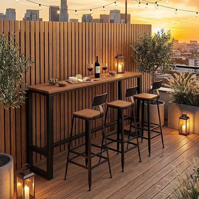Outdoor Bar Table Weather Resistant, Wood Counter Height Bar Table Rain Sun Protection, Extra Long High Top Table 47.2"-102.4", for Patio, Garden, Yard, Balcony, Poolside(Black,78.7"x15.7"x40.5")