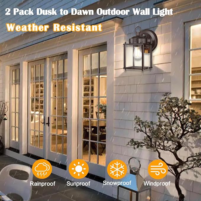 Outdoor Wall Light, Porch Lamp, Dusk to Dawn, Bronze | Exterior Wall Sconce Fixture for House, Garage, Patio, Rustproof Waterproof, Metal Housing with Glass, E26 Base, 4 Pack