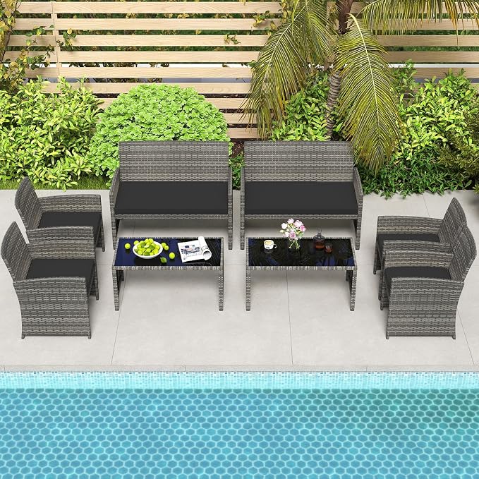 HAPPYGRILL 8 Piece Rattan Wicker Patio Conversation Set, Outdoor Furniture with Chair Loveseat Table & Cushion, for Backyard Porch Balcony (2, Black)