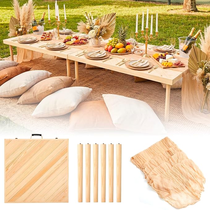 Novabright 8 Person 30 x 60 Inches Boho Table Low Folding Picnic Table Beach Portable Low Wood Floor Event Foldable Garden Wedding Party Camping Picnic with Runner Set(Natural Wood)