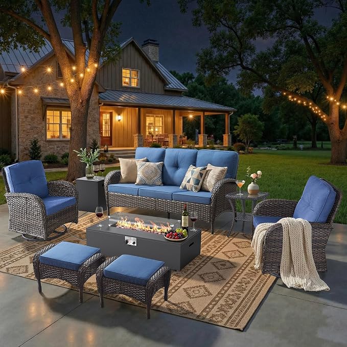 HUMMUH Luxury Patio Furniture Set with High Back Swivel Rocker Chairs & 3 Seater-Couch & Steel Fire Pit Table & Ottomans 7 Pieces Outdoor Conversation Set for Porch,Deck,Backyard