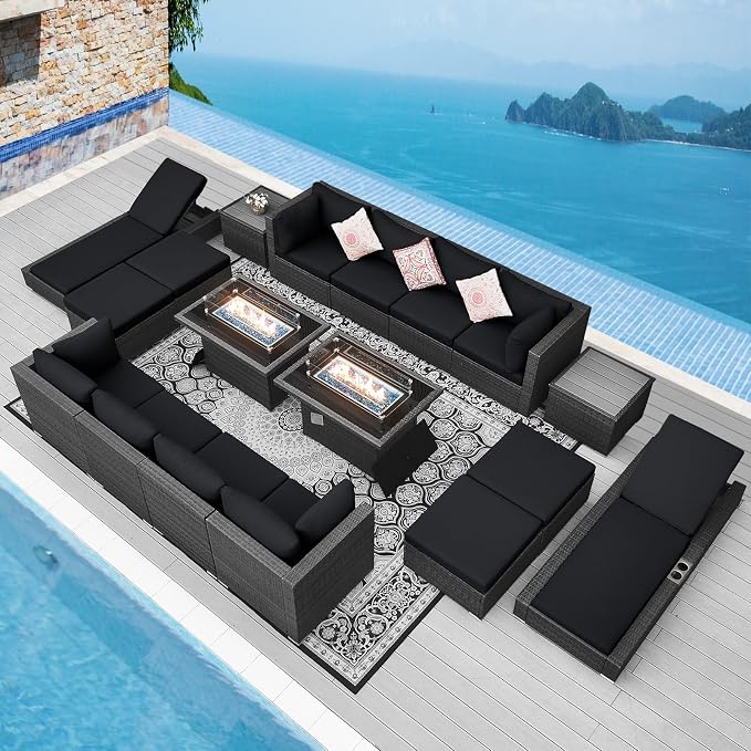 NICESOUL 18 Piece Extra Large Luxury Patio Furniture Set with Firepit, Outdoor Sectional w/Chaise Lounge, Comfy 29.3" High Back Couch Deep Seat, All-Weather Wicker Conversation Set, Gray & Black