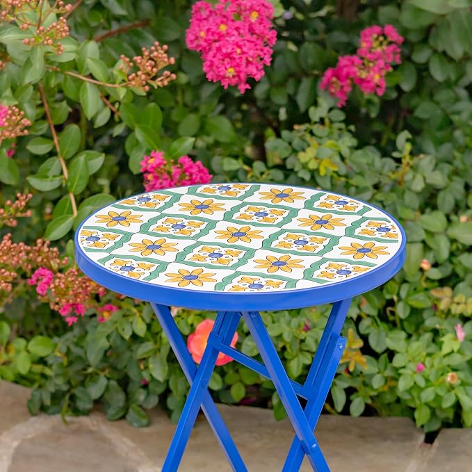 Mosaic Tile Furniture with Blue Metal Frame and Patterned Tile Tops (Nantucket - Blue/Green/Yellow, Folding Accent Table)