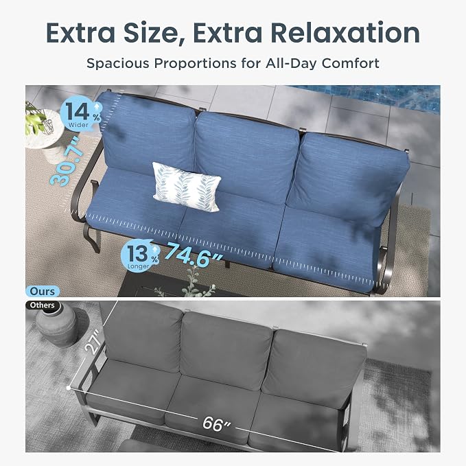 PHI VILLA Patio Furniture Set, 3-Seater Sofa, 2 Fixed Chairs, 2 Rocking Chairs and a Coffee Table, Outdoor Metal Conversation Set with 5.75" Extra Thick Cushion for Garden Backyard Deck, Navy