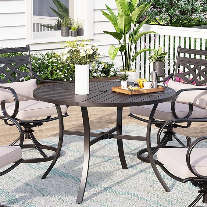 MFSTUDIO 42" Big Outdoor Dining Table with Adjustable mbrella Hole, Patio Metal All-Weather Round Table for Backyard Lawn Garden