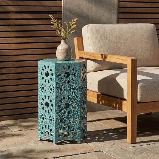 12" Teal Outdoor Side Table, Metal Cutout Side Table, Patio Garden Stool | Coffee End Tables for Small Spaces, Living Room, Backyard, Poolside