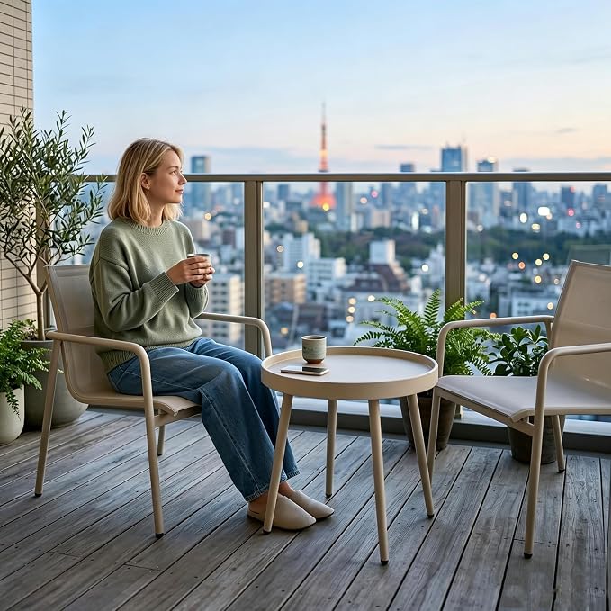 Small Outdoor Side Table - Round Metal End Table with PP Desktop & Anti-Fall Fence - Mini Coffee Table for Small Spaces - Patio, Porch, Living Room- Camel