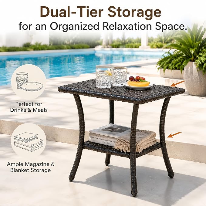 HUMMUH Brown Wicker Patio Side Table with 2-Tier Storage Shelf | Aluminum frame, weather-resistant PE rattan, 23.5x23.5x21.5 inches, includes assembly accessories