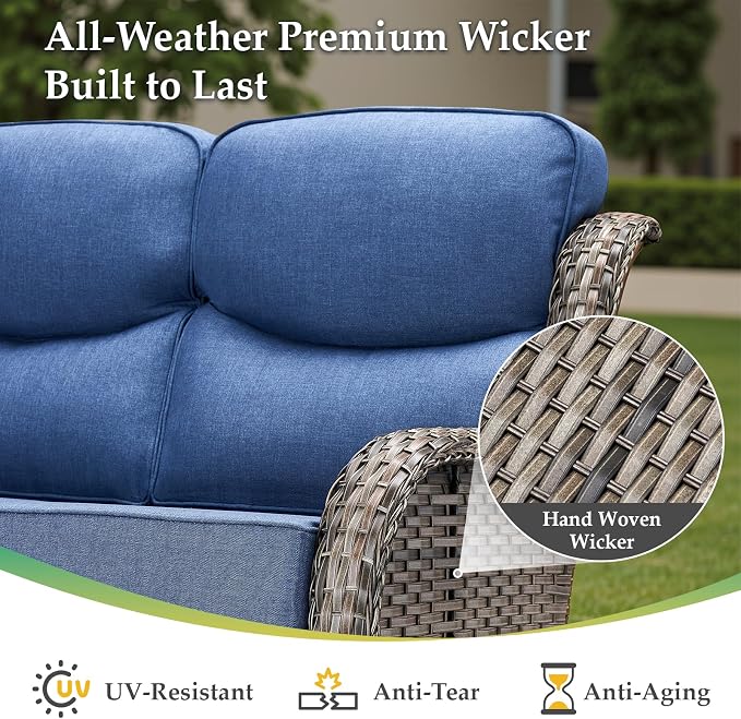 Luxury Outdoor Patio Furniture Set-Wicker High Backrest 3-Seat Patio Sofa with Comfy 6" Cushion, Rattan Couch with Deep Seat All-Weather Patio Conversation Set for Deck Backyard Garden(Grey/Blue)