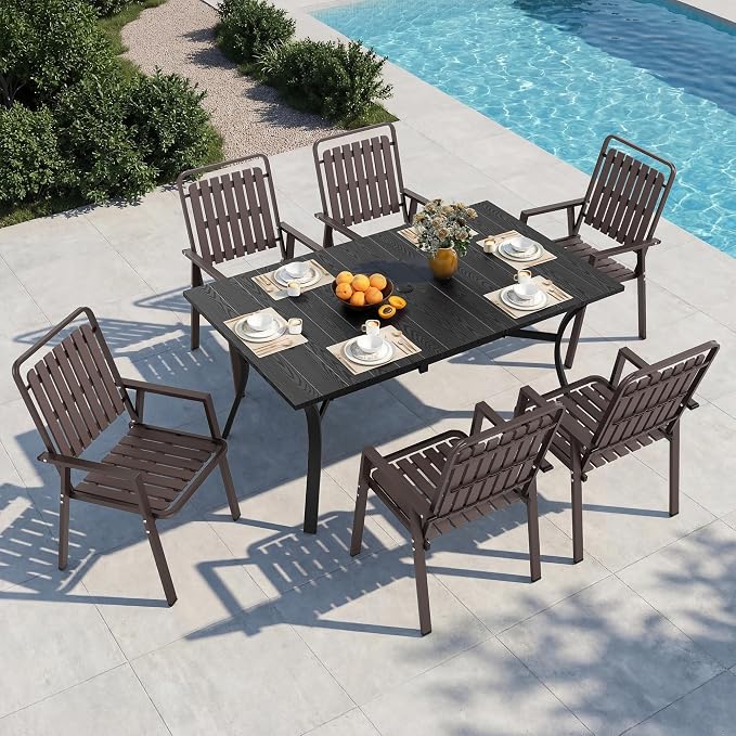 Outdoor Dining Set for 6, Patio Table and Chairs Set with 1.97'' Umbrella Hole, 7pcs Patio Furniture Set 63”x37.8'' Dining Table Set for Porch Deck Backyard Pool