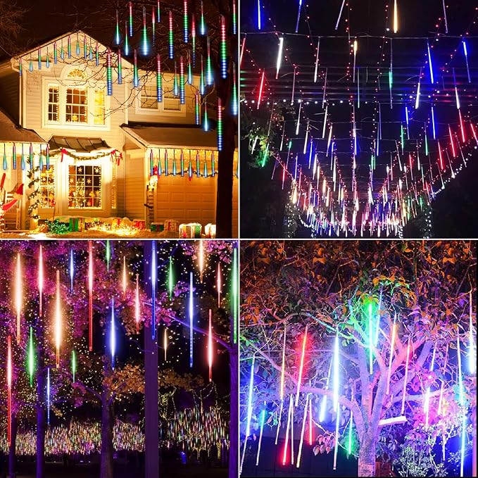 Brightown Meteor Shower Lights Outdoor, 16 Inches 16 Tubes 576 LED Icicle Lights, Waterproof Meteor Christmas Light, Hanging Falling Rain Light for Tree Holiday Party Christmas Decor, Multicolor