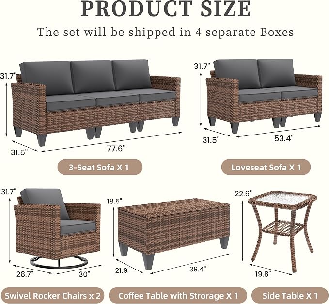 UDPATIO Patio Furniture Set, 6 Pieces Outdoor Conversation Sets with Rocking Swivel Chairs, Wicker Rattan Outdoor Sofa Set with Storage Table and Waterproof Covers for Backyard, Deck, Porch, Grey