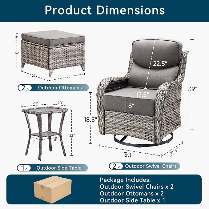 Luxury 5 Pieces Outdoor Patio Furniture Set-All Weather Wicker Outdoor Furniture with Swivel Rocker Patio Chairs 6-inch Extra Thick Cushions Wicker Conversation Set for Garden Porch(Grey/Grey)