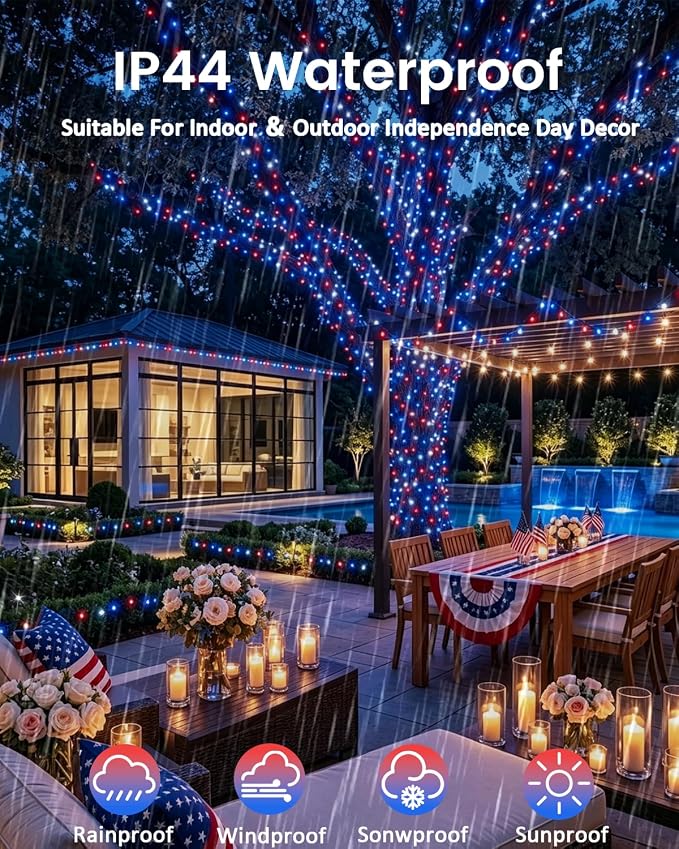 4 Pack 20 FT 60 LED Red White and Blue Battery Operated Fairy Lights Timer | 4th of July Battery String Lights Waterproof Outdoor Indoor, Cuttable Copper Wire, Independence Day Memorial Day Decorations
