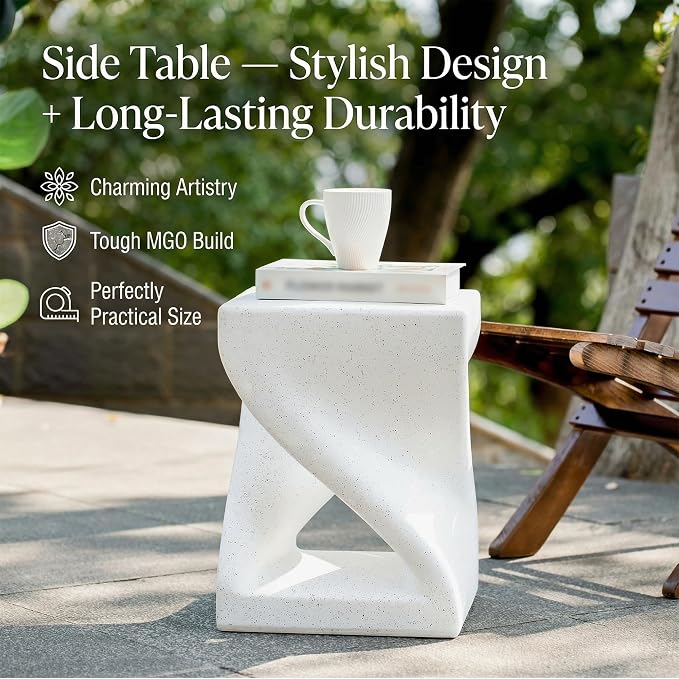 Polibi Modern White Terrazzo Side Table, Twisted X-Base MGO Accent End Table, Small Outdoor Indoor Table for Patio, Living Room, Balcony, Weather Resistant, No Assembly